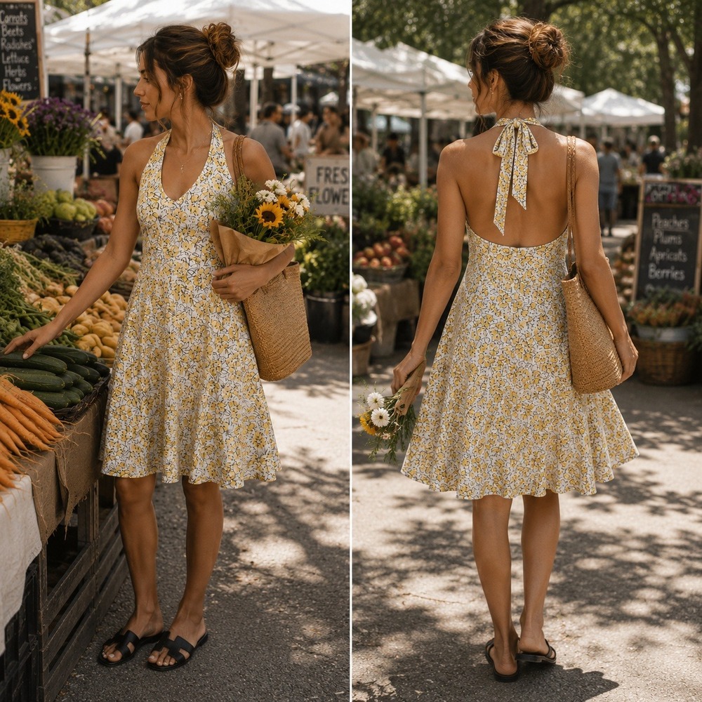 Pact Reverie Yellow Floral Organic Cotton Halter Midi Dress with Pockets XXL